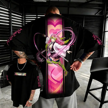 Black oversized cotton t-shirt with vibrant pink and white demon slayer kochou shinobu design on the back