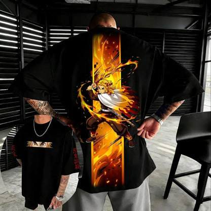Black oversized cotton t-shirt with vibrant full-back demon slayer kochou shinobu graphic and fiery flames