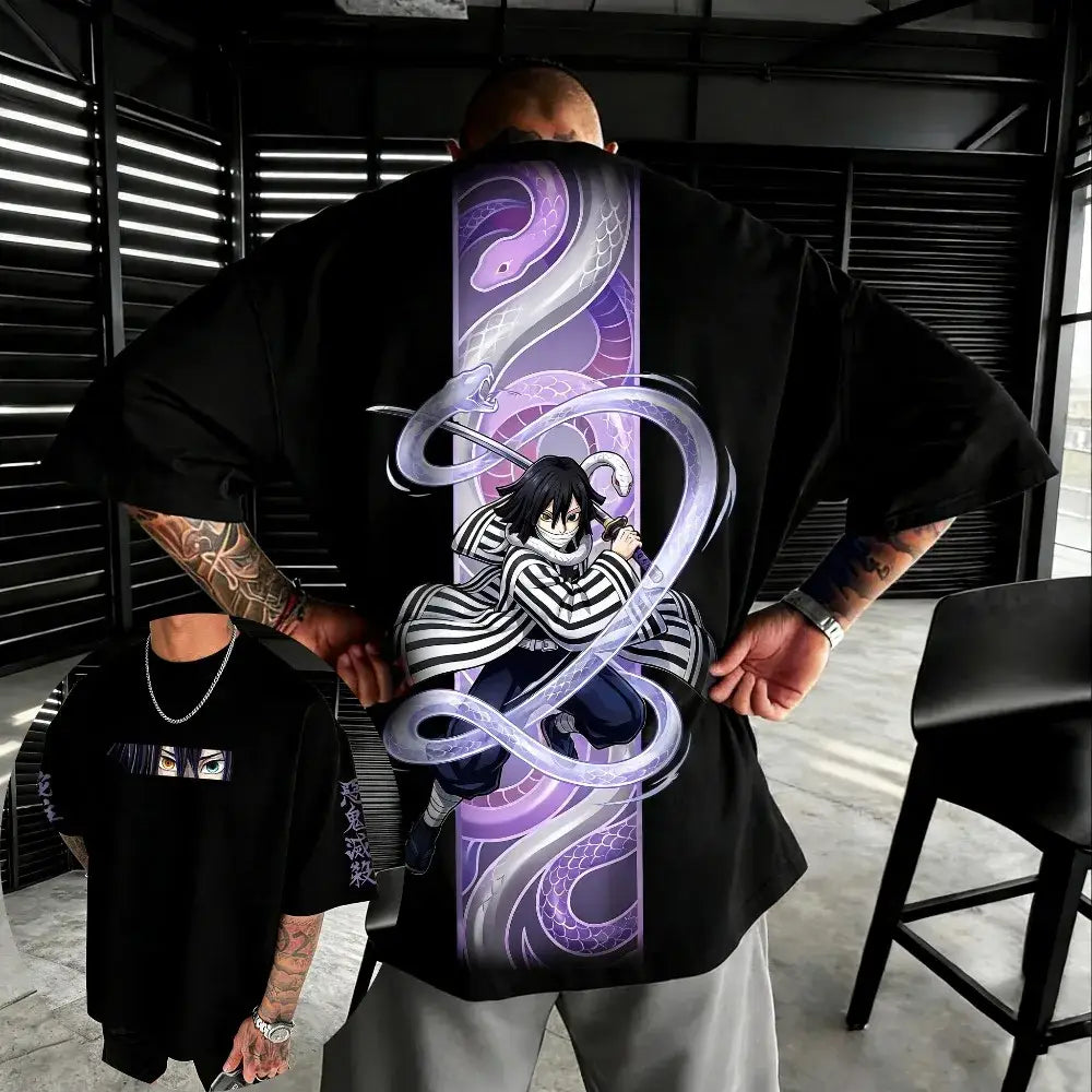 Black oversized cotton t-shirt featuring demon slayer kochou shinobu with purple snakes graphic design