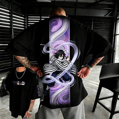 Black oversized cotton t-shirt featuring demon slayer kochou shinobu with purple snakes graphic design