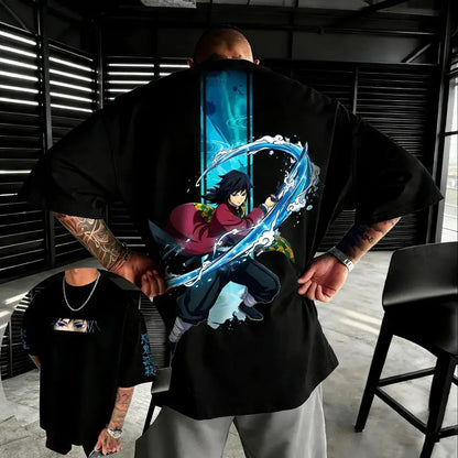 Black cotton oversized t-shirt featuring vibrant demon slayer kochou shinobu anime graphic with blue water effects