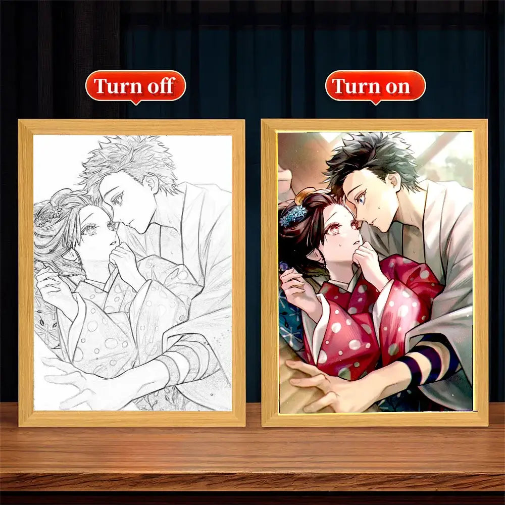 A completed anime-themed diamond painting in a light wood led photo frame featuring demon slayer characters