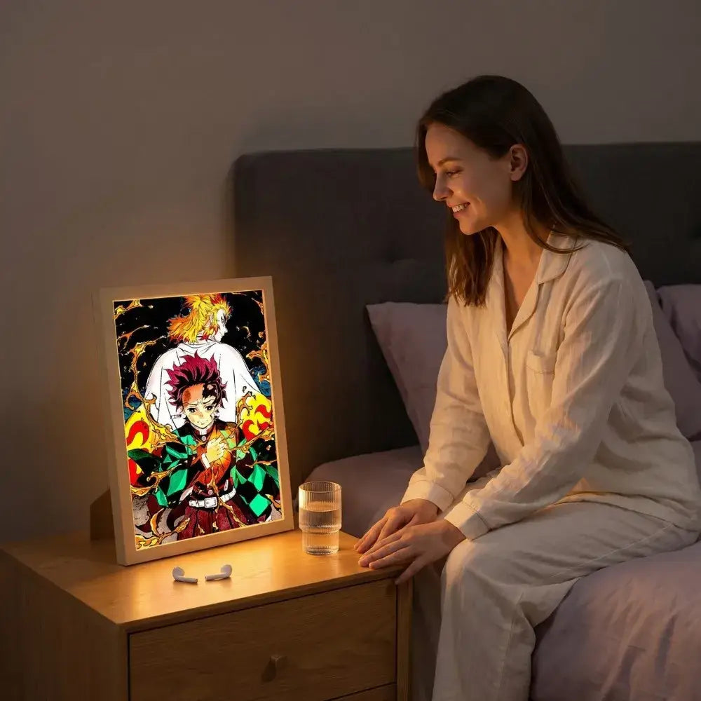 A framed led photo frame of demon slayer kyojuro rengoku with vibrant colors and intricate illuminated details