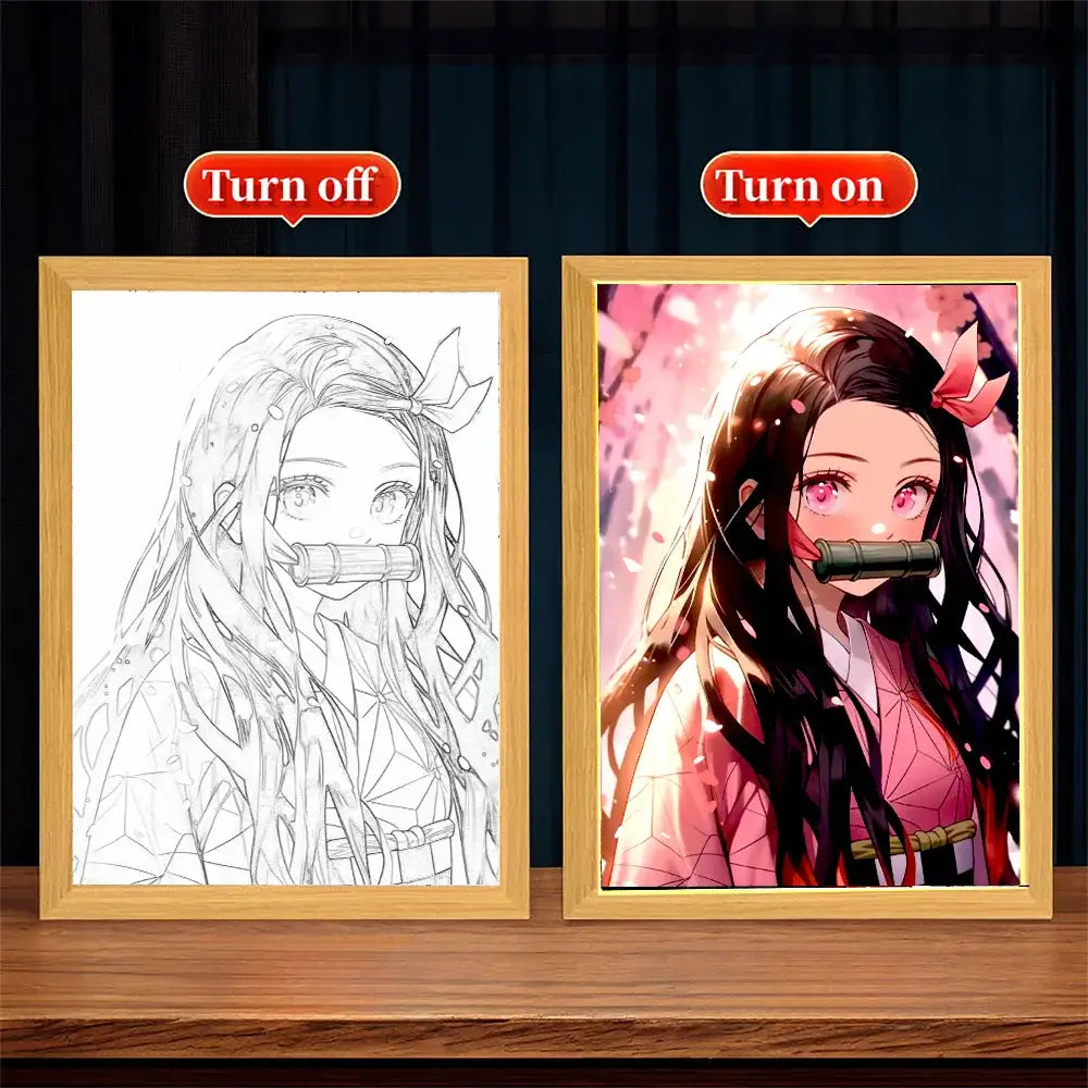 Framed anime-style led photo frame featuring a vibrant character with long dark hair pink eyes and bamboo pipe