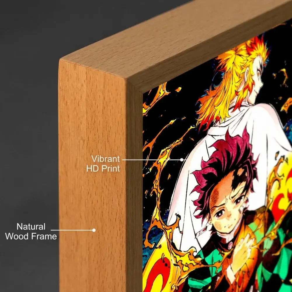 Vibrant hd-printed demon slayer kyojuro rengoku led photo frame with fiery hair artwork in natural wood frame night light