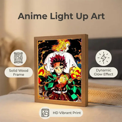 Wooden-framed demon slayer kyojuro rengoku led photo frame with vibrant glowing anime art and night light feature