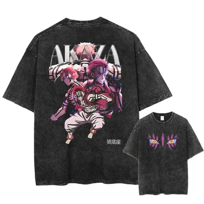 Black distressed pure cotton oversized t-shirt featuring vibrant demon slayer kyoujurou anime graphic on back