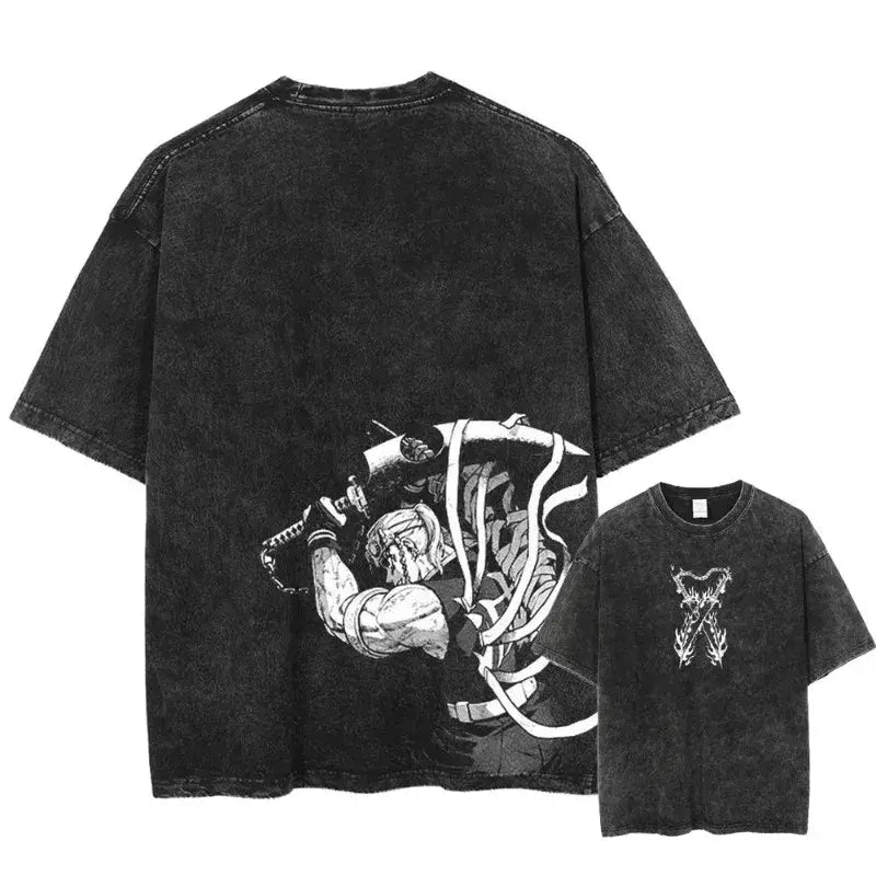 Black oversized pure cotton t-shirt with faded wash and bold white demon slayer kyoujurou graphic on back