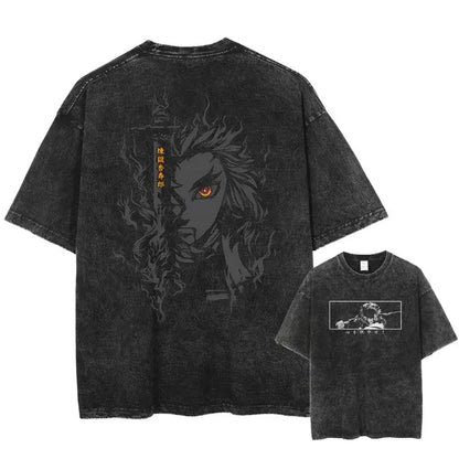 Back of a black distressed pure cotton demon slayer kyoujurou t-shirt with detailed tanjiro kamado graphic and orange eyes