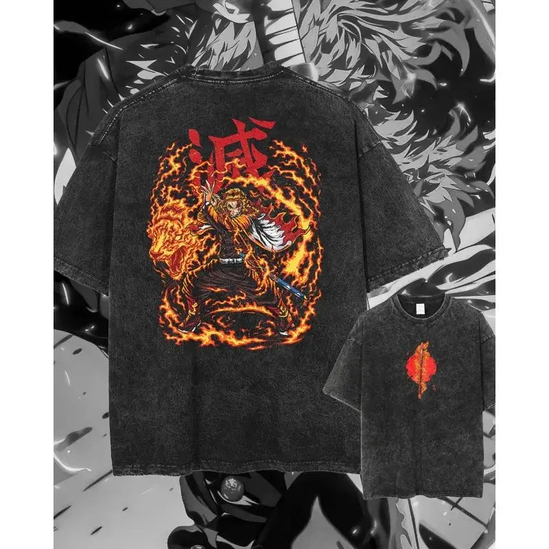 Back of black distressed pure cotton demon slayer kyoujurou t-shirt with vibrant flame anime design and bold chinese characters