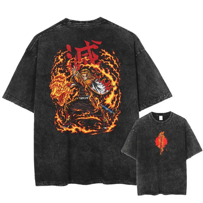 Black distressed pure cotton demon slayer kyoujurou oversized t-shirt with vibrant orange red flames and anime character on back