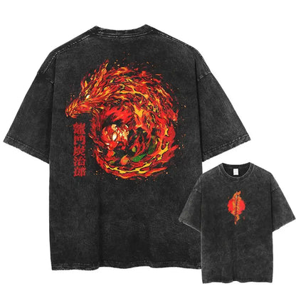 Black distressed pure cotton demon slayer kyoujurou oversized t shirt back with fiery dragon and red japanese characters