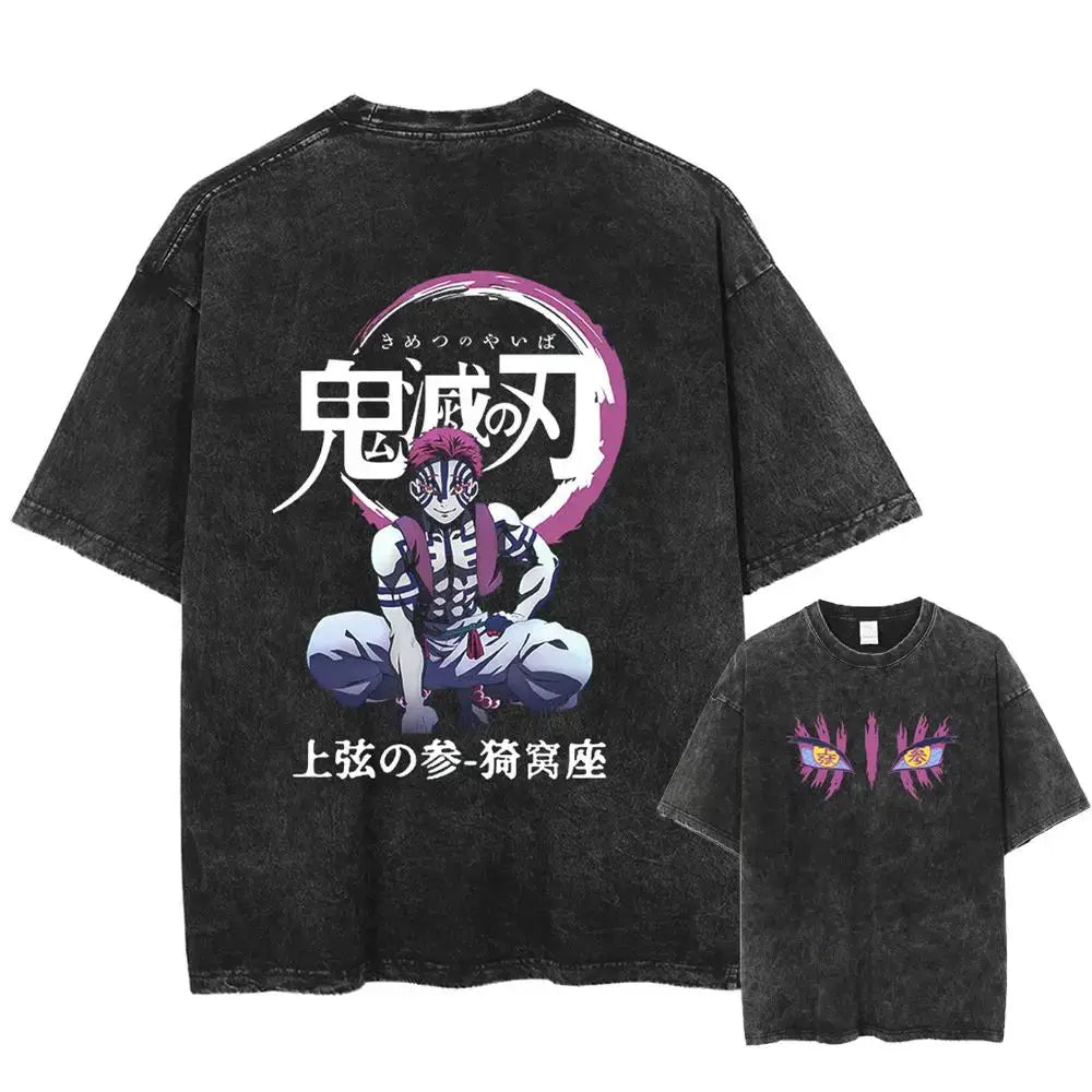 Black distressed pure cotton demon slayer kyoujurou t-shirt with large inosuke graphic and purple accents