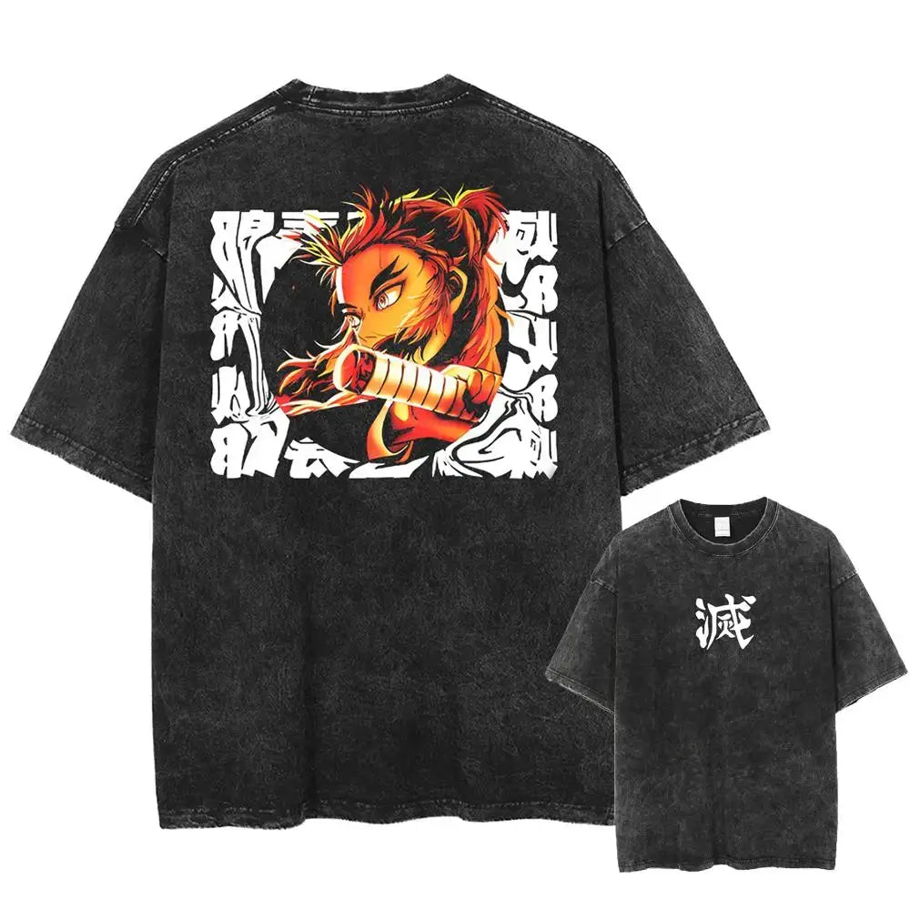 Black distressed pure cotton demon slayer kyoujurou oversized t-shirt with vibrant anime graphic on back and white kanji front