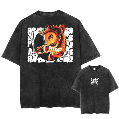 Black distressed pure cotton demon slayer kyoujurou oversized t-shirt with vibrant anime graphic on back and white kanji front