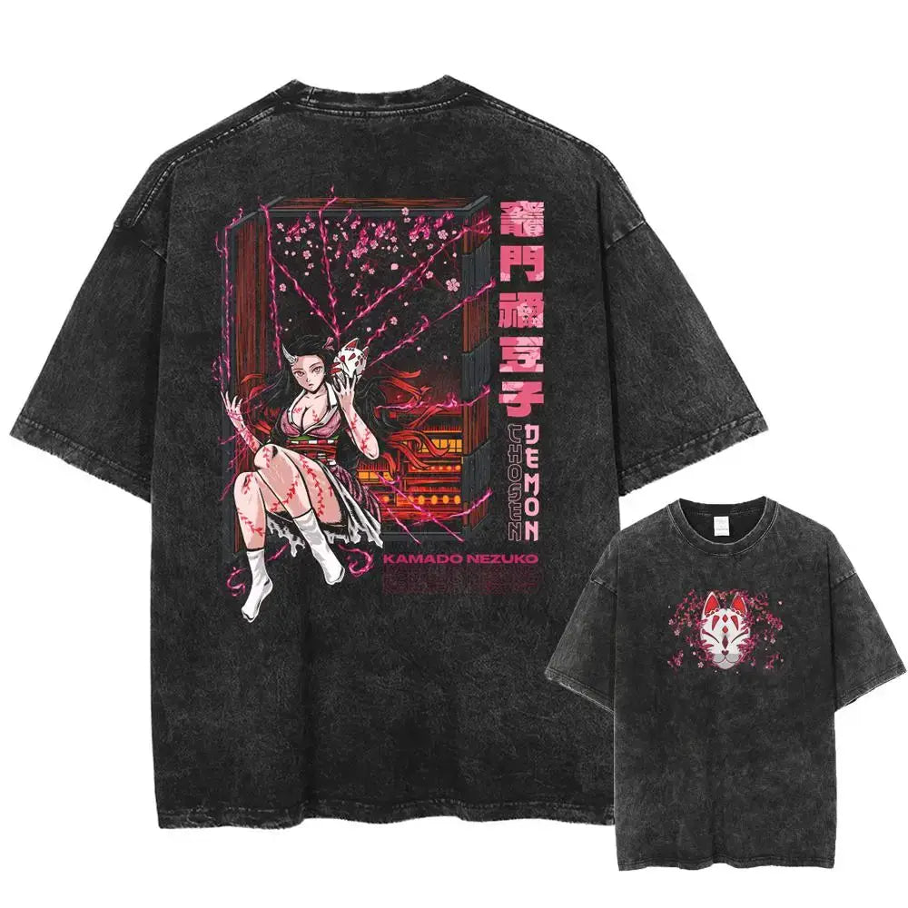 Black distressed pure cotton oversized demon slayer kyoujurou t-shirt with vibrant kamado nezuko graphic on back