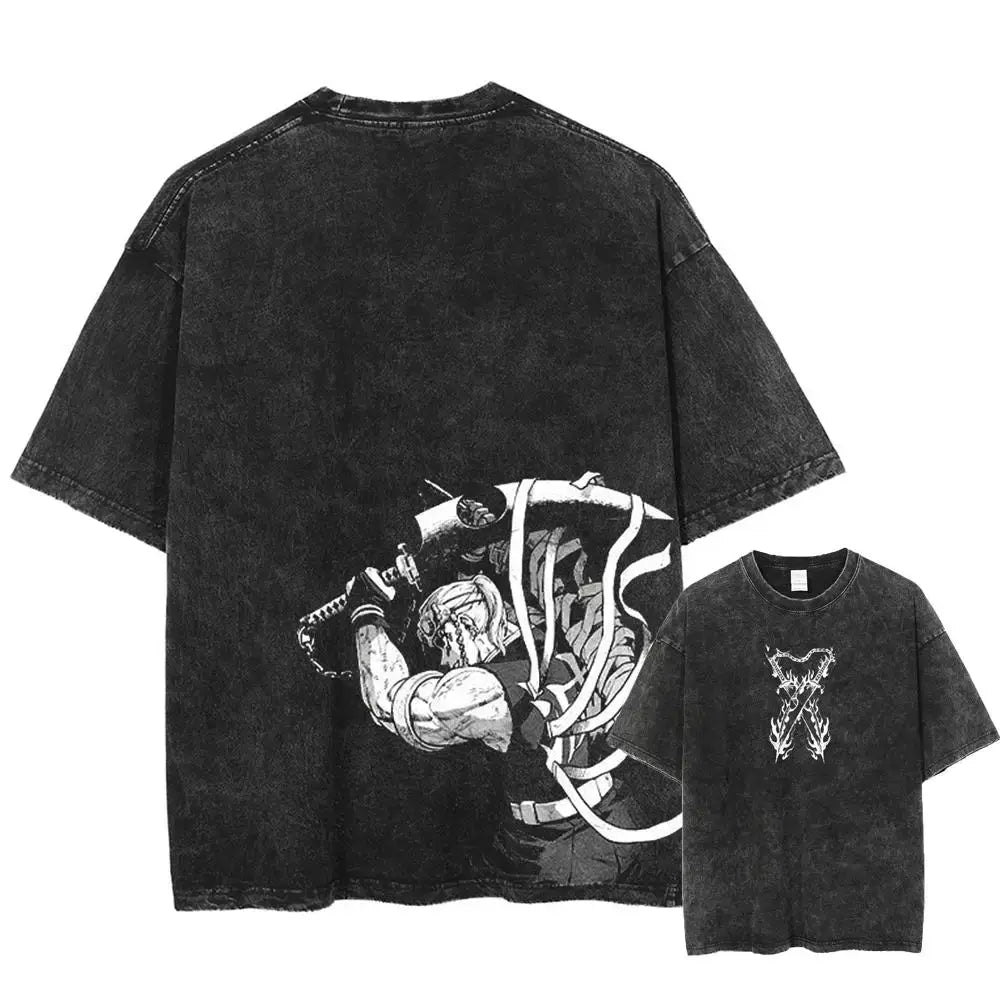 Black oversized pure cotton demon slayer kyoujurou t-shirt with distressed faded wash and bold white anime graphic on back