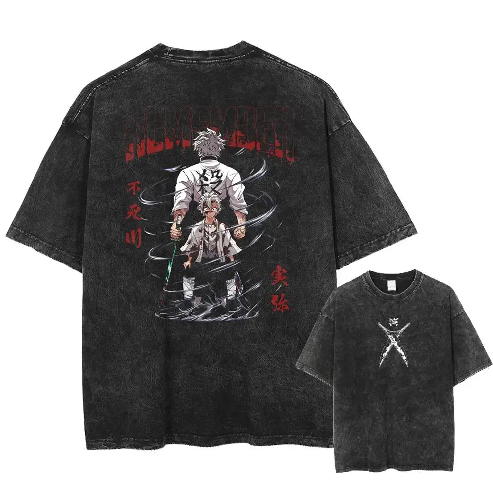 Black distressed pure cotton demon slayer kyoujurou oversized t shirt with anime graphic and red japanese text on back