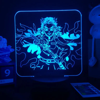 A glowing blue demon slayer mitsuri kanroji 3d led night light with a spiky hair anime character in acrylic frame