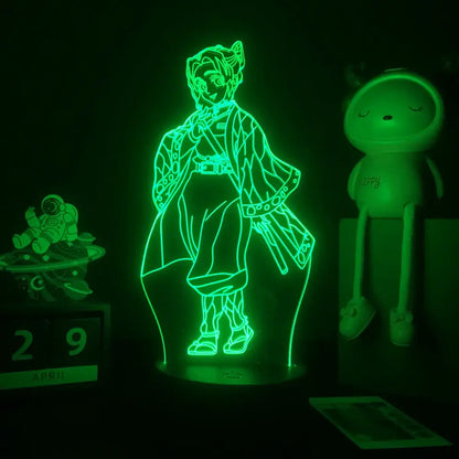 Green glowing demon slayer mitsuri kanroji 3d led night light shaped like a character in traditional attire