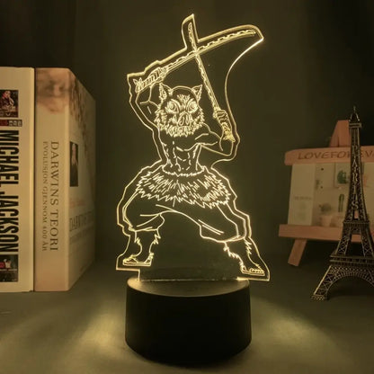 Golden-lit kanroji 3d led night light featuring a muscular demon slayer mitsuri figure wielding two swords aggressively