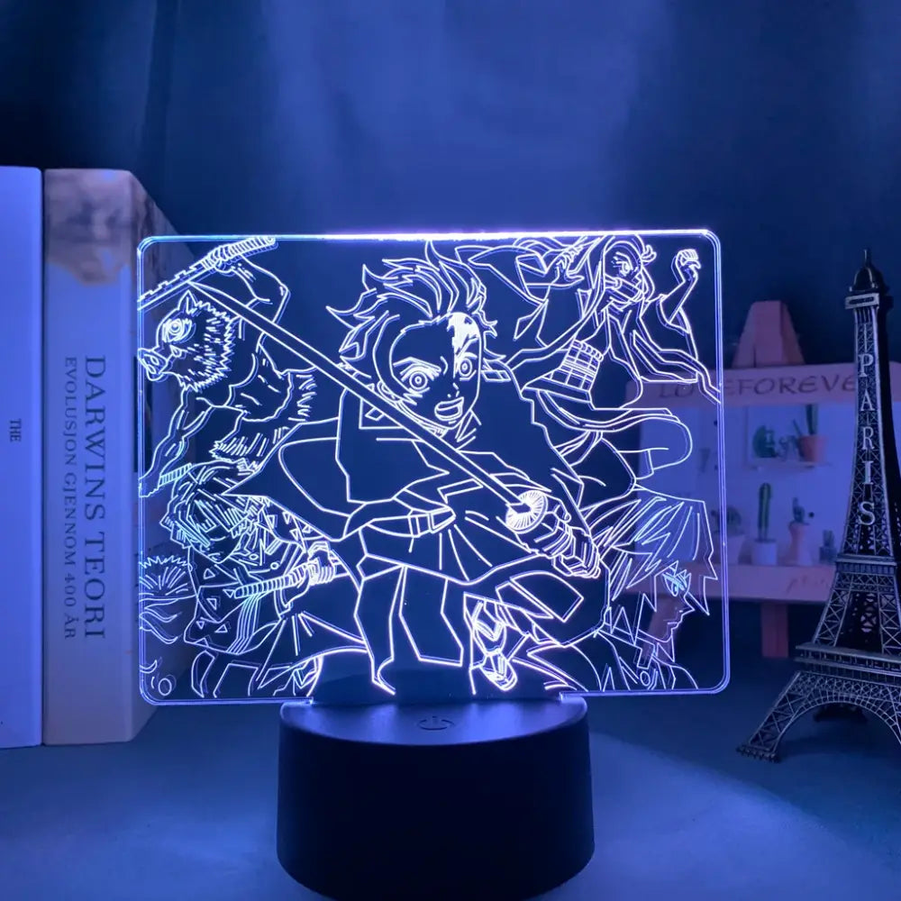 Blue-lit demon slayer mitsuri kanroji 3d led night light featuring an illuminated character outline