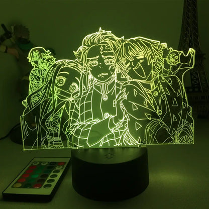 A glowing green 3d led night light featuring demon slayer mitsuri kanroji anime character outline design