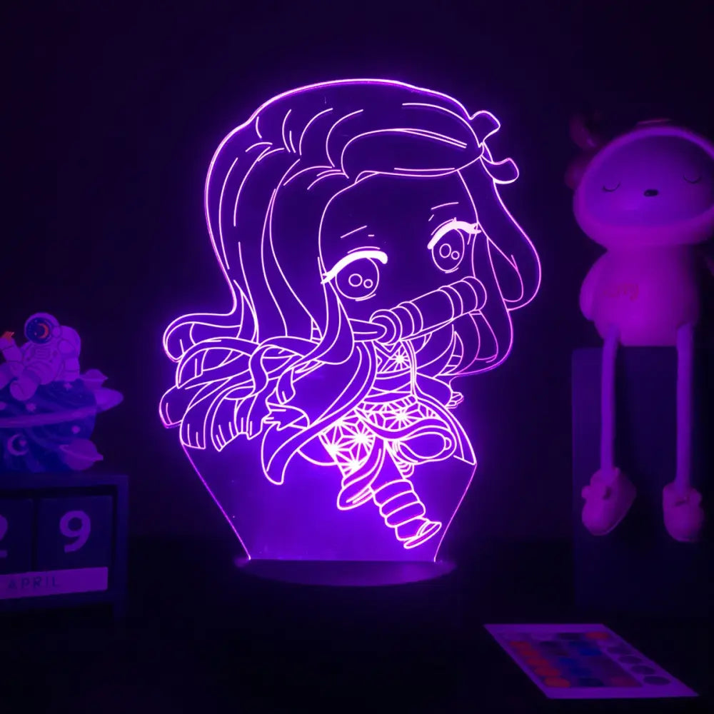 Purple glowing demon slayer mitsuri kanroji 3d led night light shaped like chibi anime character holding sword