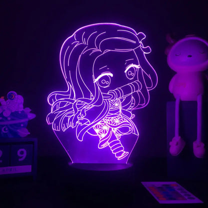 Purple glowing demon slayer mitsuri kanroji 3d led night light shaped like chibi anime character holding sword