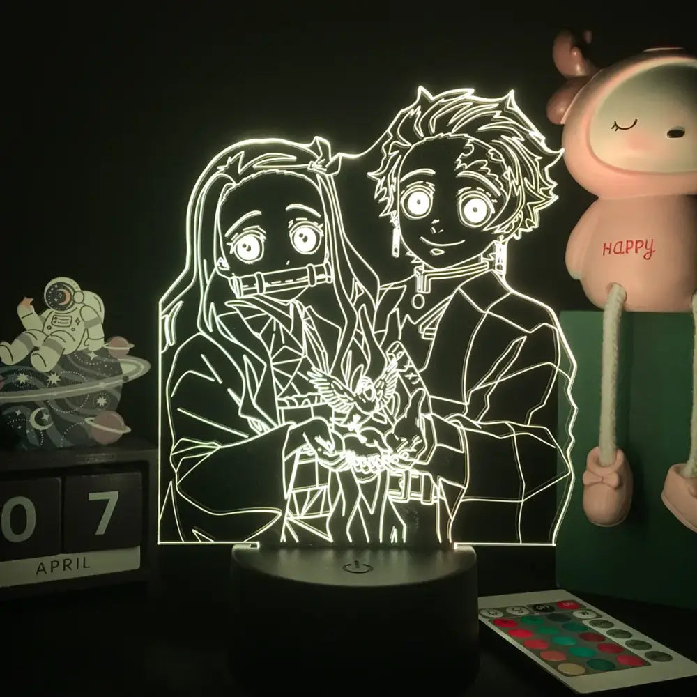 A glowing white kanroji 3d led night light featuring demon slayer mitsuri illuminated outlines on a dark background