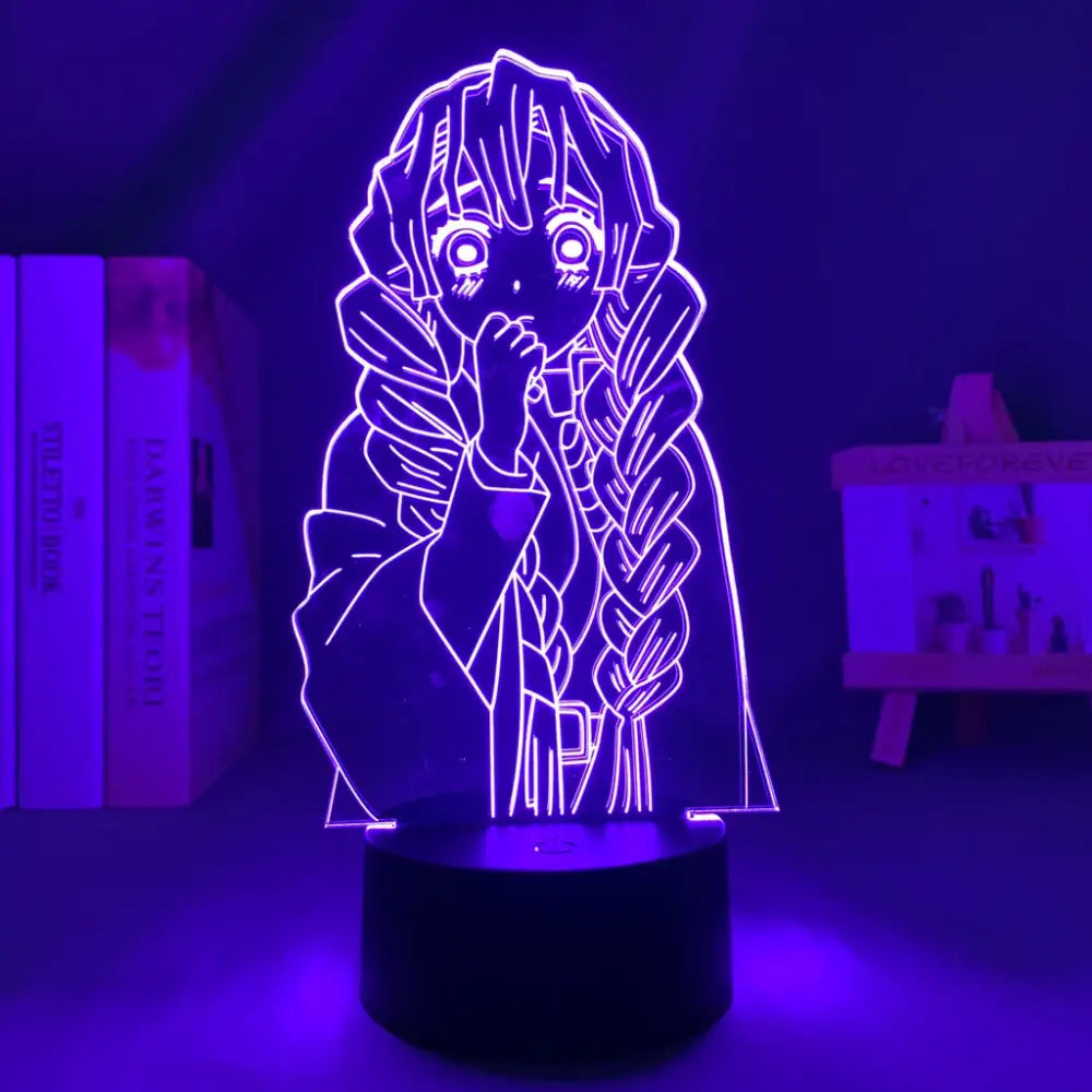 Purple glowing demon slayer mitsuri 3d led night light with intricate braided hair and detailed outfit design