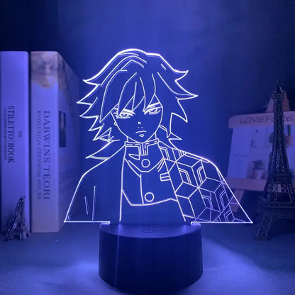 Blue glowing 3d led lamp shaped like demon slayer mitsuri kanroji with spiky hair and geometric jacket design