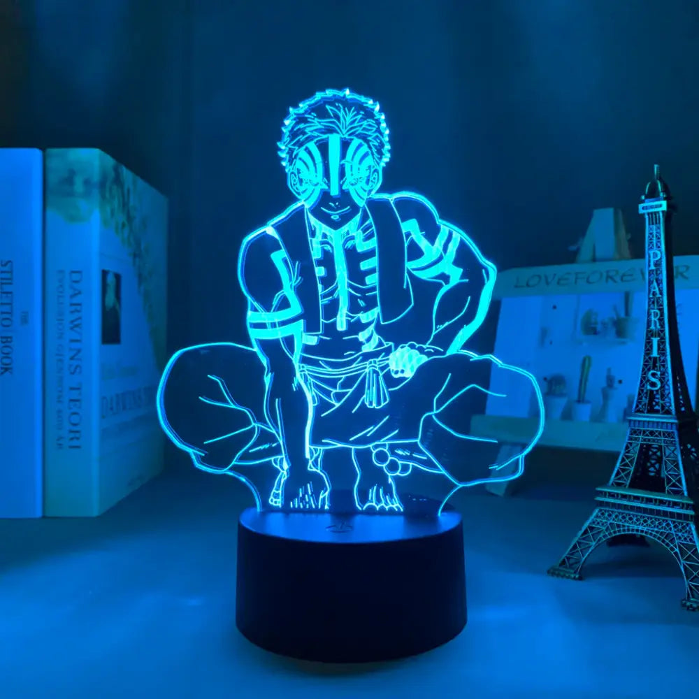 Blue glowing 3d led demon slayer mitsuri kanroji anime character lamp with intricate details on black base for night light