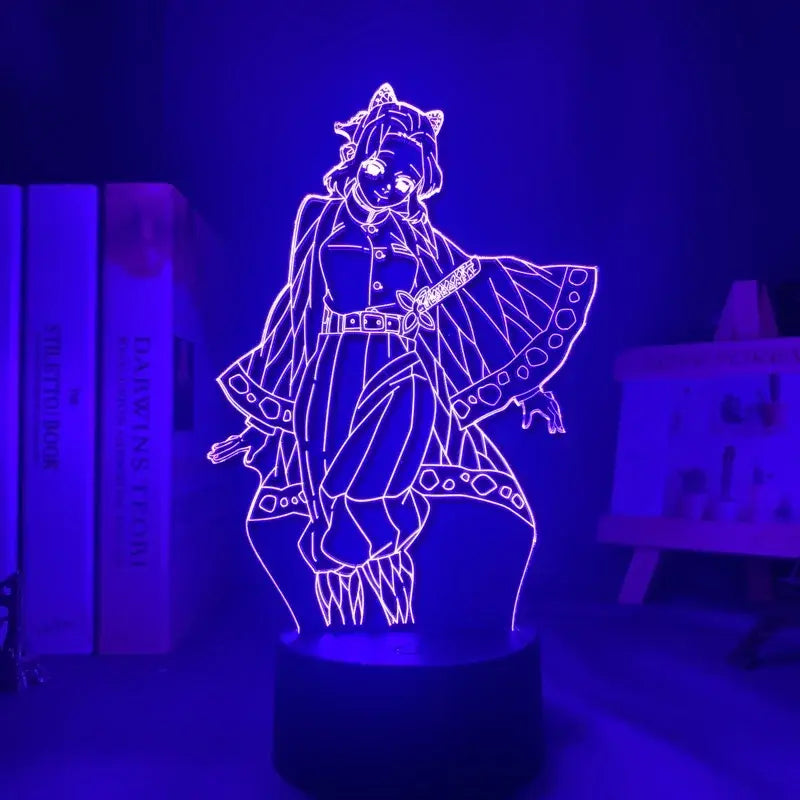 A glowing purple neon demon slayer mitsuri kanroji 3d led night light with an illuminated led base