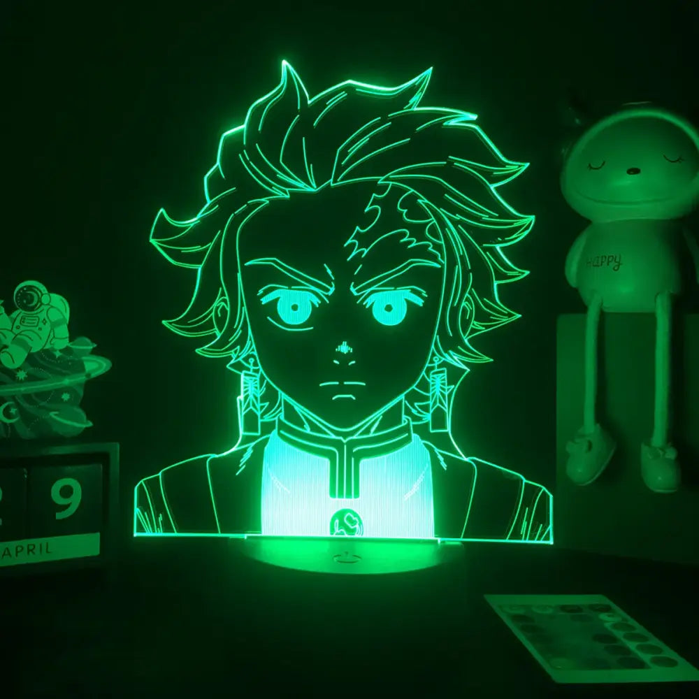 Green neon-lit 3d acrylic lamp of demon slayer mitsuri kanroji featuring spiky hair and high-collared outfit in kanroji 3d led design