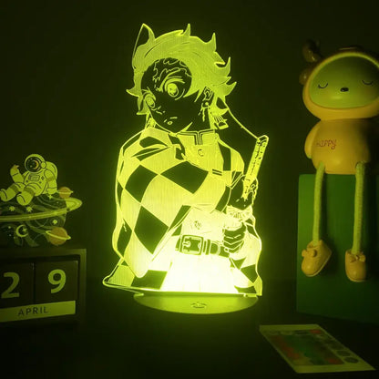 A glowing green acrylic demon slayer mitsuri kanroji 3d led night light shaped like a character holding a sword