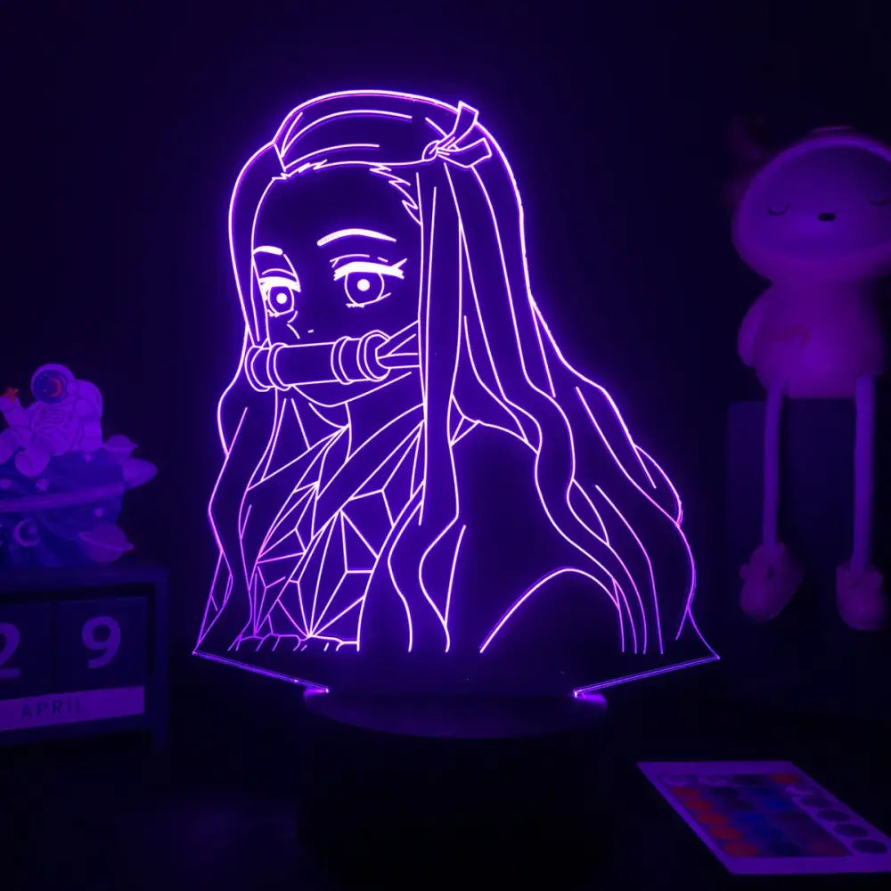 Purple neon-lit demon slayer mitsuri kanroji 3d led night light featuring anime character with long hair and mask