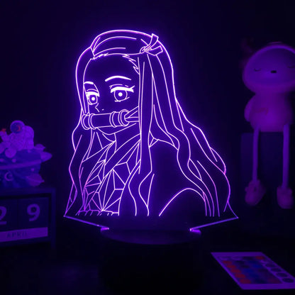 Purple neon-lit demon slayer mitsuri kanroji 3d led night light featuring anime character with long hair and mask
