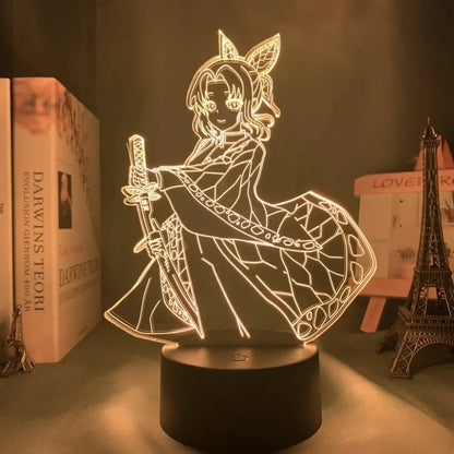 A glowing demon slayer mitsuri kanroji 3d led night light featuring an anime cat ear character with a sword