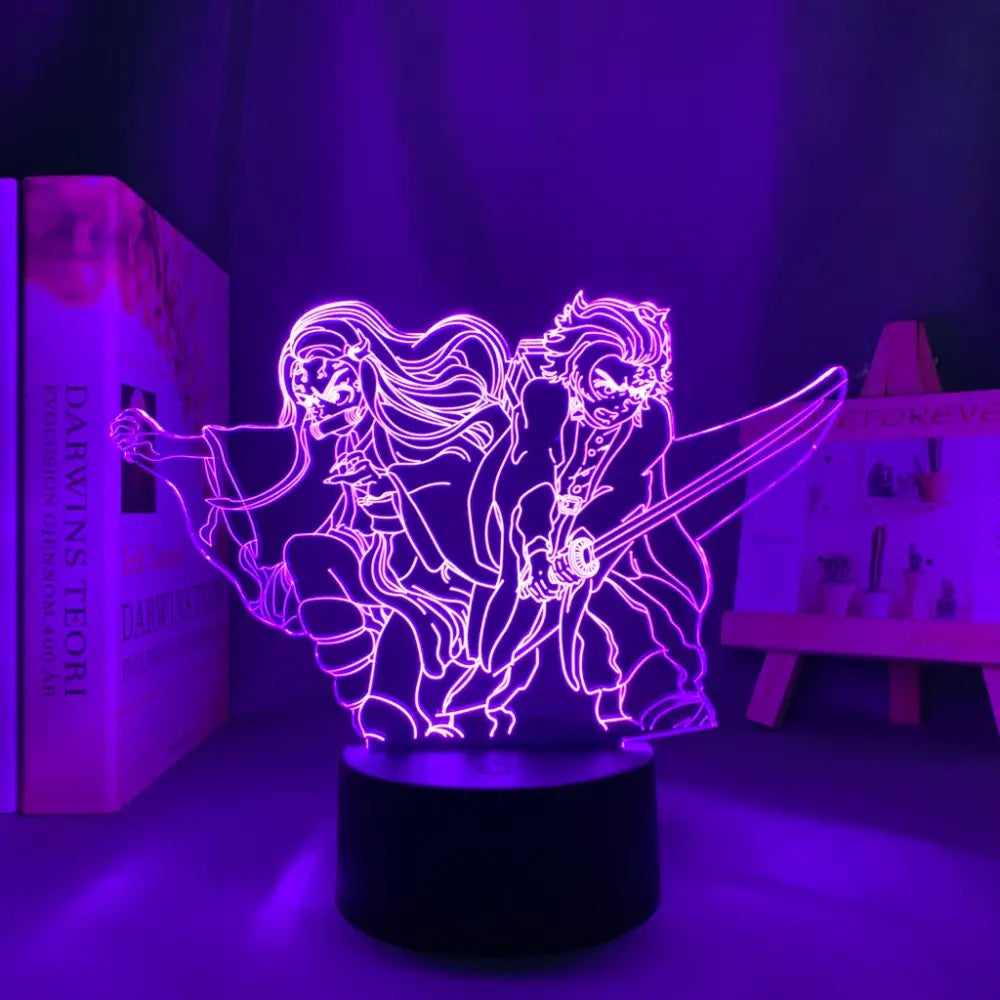 Purple glowing 3d led night light featuring demon slayer mitsuri kanroji in dynamic combat slayer mitsuri kanroji design