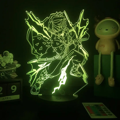A glowing green 3d acrylic demon slayer mitsuri kanroji led night light with intricate line art and detailed armor