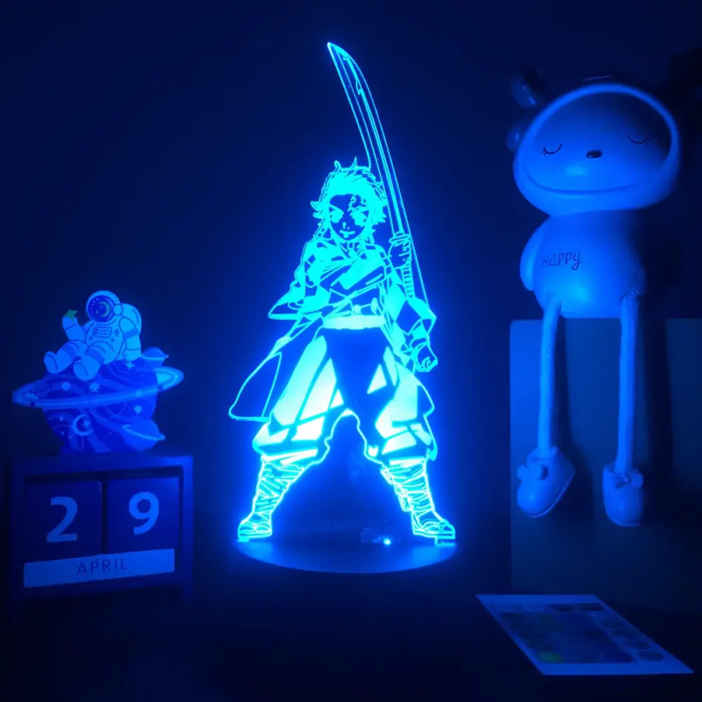 Blue glowing demon slayer mitsuri kanroji 3d led night light with translucent acrylic sword design