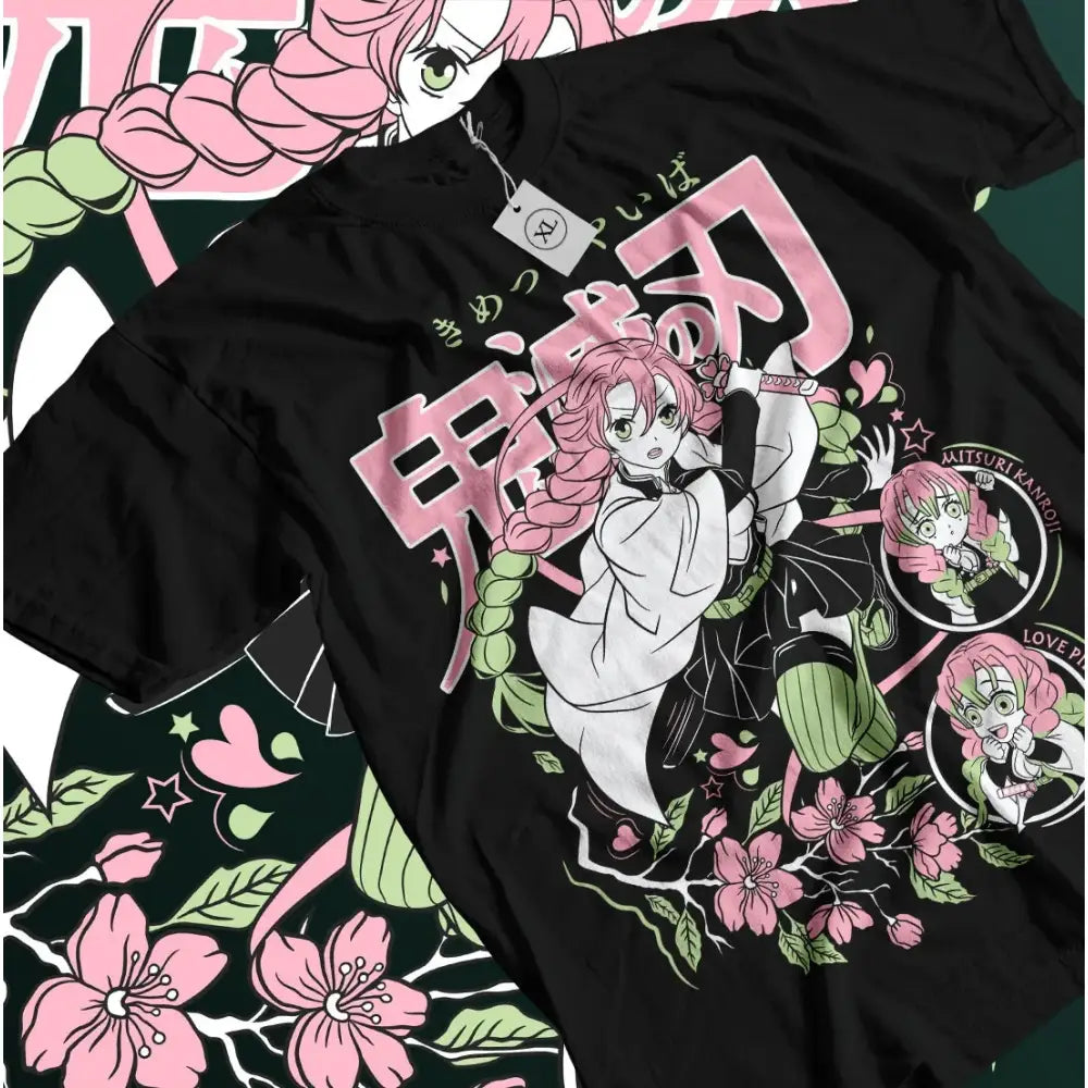 Black pure cotton oversized t-shirt featuring vibrant pink and green demon slayer mitsuri kanroji graphic with floral design