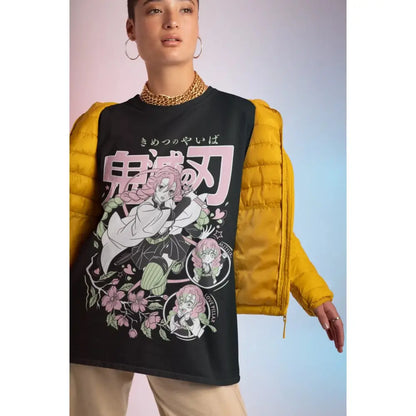 Black demon slayer mitsuri kanroji oversized t-shirt with pink and white anime print on soft pure cotton fabric