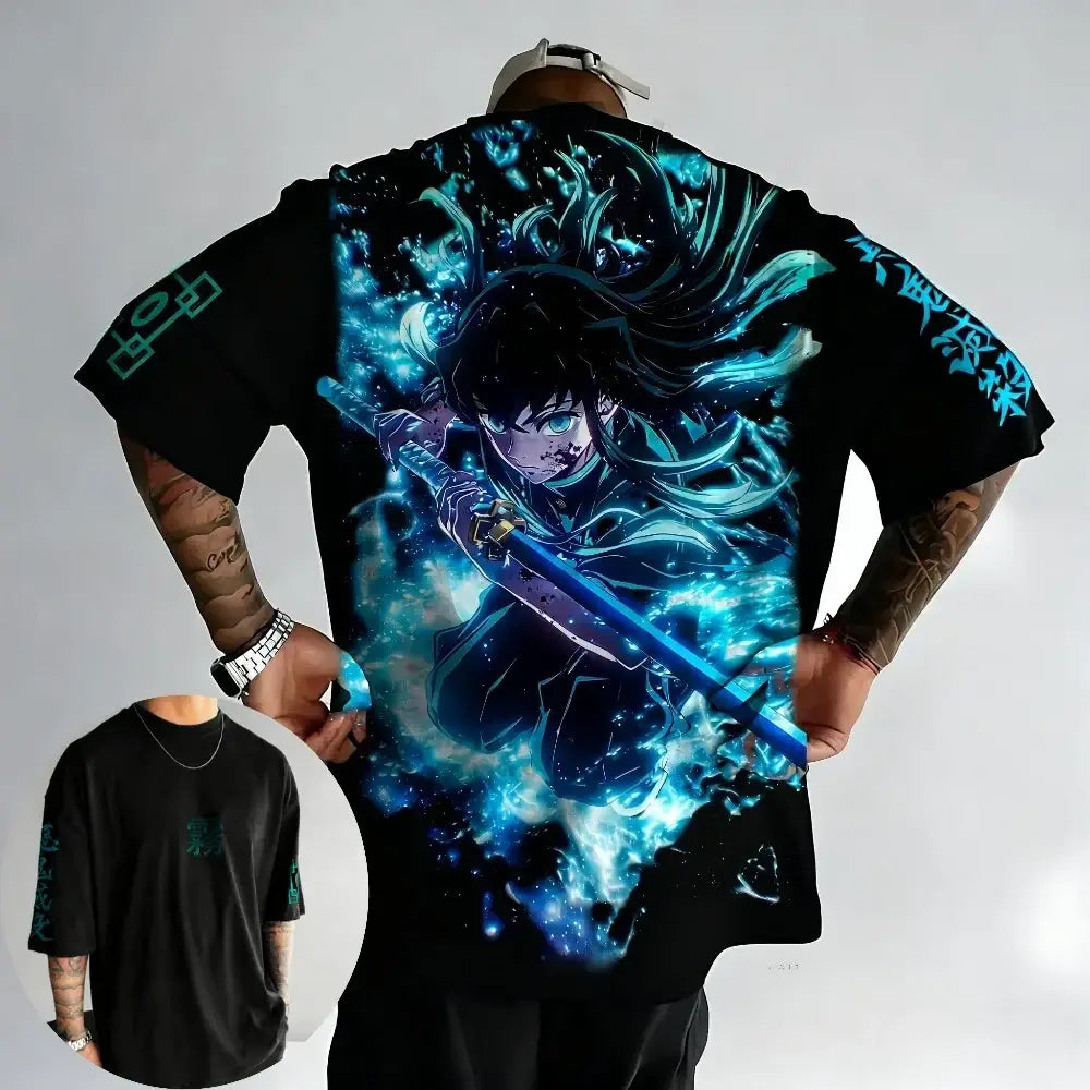 Black cotton short-sleeved t-shirt featuring vibrant 3d muichiro tokito demon slayer graphic with glowing blue hair and sword