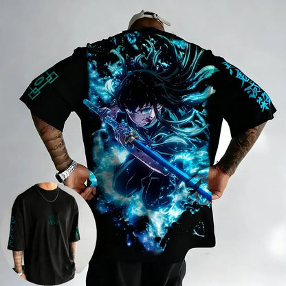Black cotton short-sleeved t-shirt featuring vibrant 3d muichiro tokito demon slayer graphic with glowing blue hair and sword
