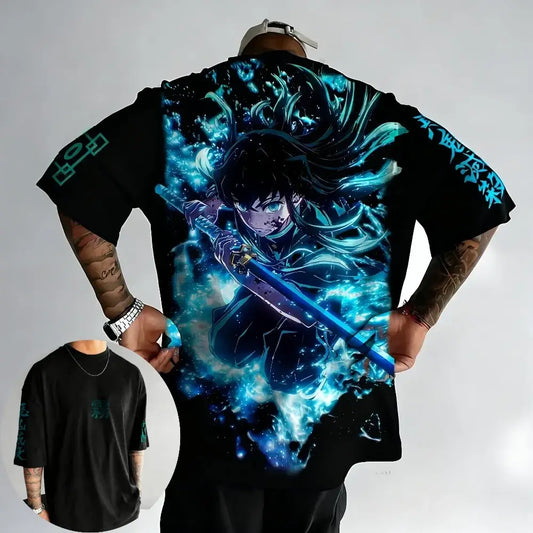 Black cotton short-sleeved t-shirt featuring vibrant 3d muichiro tokito demon slayer graphic with glowing blue hair and sword