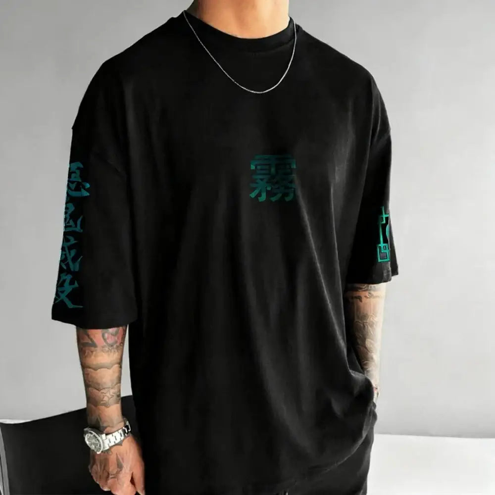 Black oversized cotton tee with teal muichiro tokito demon slayer characters printed on chest and sleeves for kids and adults