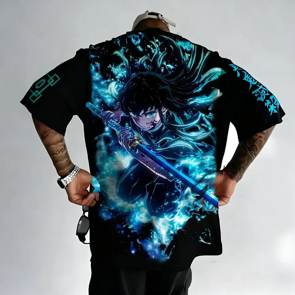 Black short-sleeved cotton t-shirt with full-back muichiro tokito demon slayer print for kids and adults