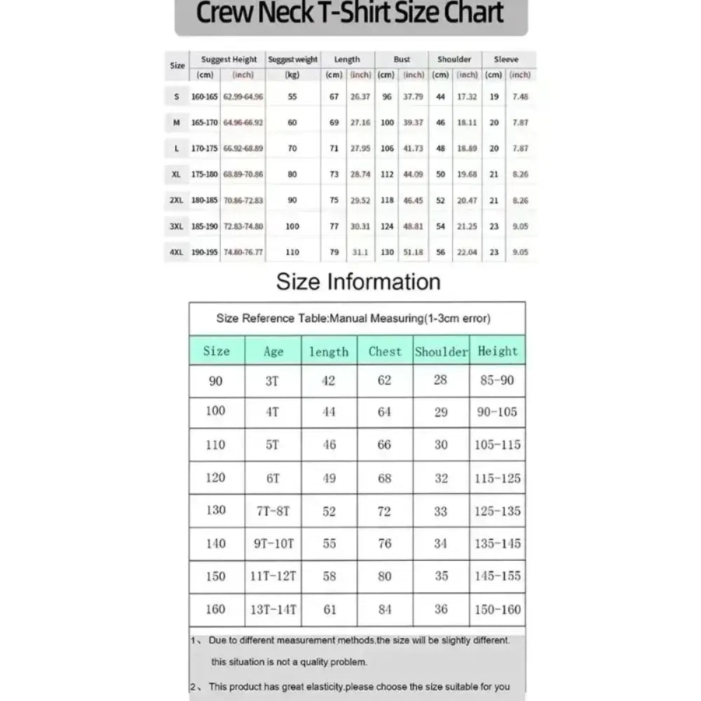 Crew neck cotton t-shirt size chart with cm and inch measurements for muichiro tokito demon slayer tee sizes s to 4xl